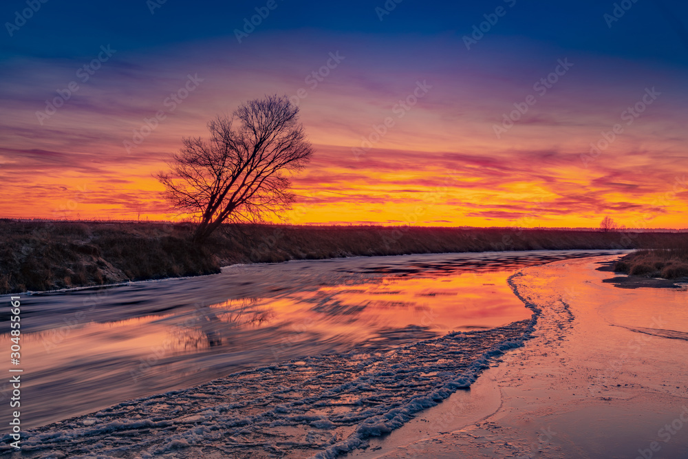 Fascinating sunset over freezing river and lonely tree