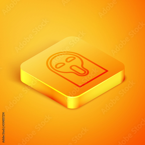 Isometric line Funny and scary ghost mask for Halloween icon isolated on orange background. Happy Halloween party. Orange square button. Vector Illustration