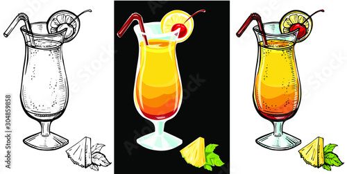 Tequila sunrise realistic cocktail.Vector hand drawn sketch illustration of cocktail glass