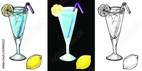 Blue Lagoon cocktail with a lemon slice and ice. Hand drawn vector illustration.