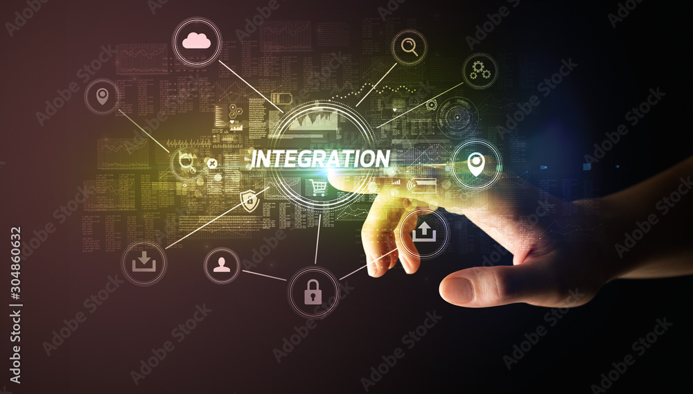 Hand touching INTEGRATION inscription, Cybersecurity concept