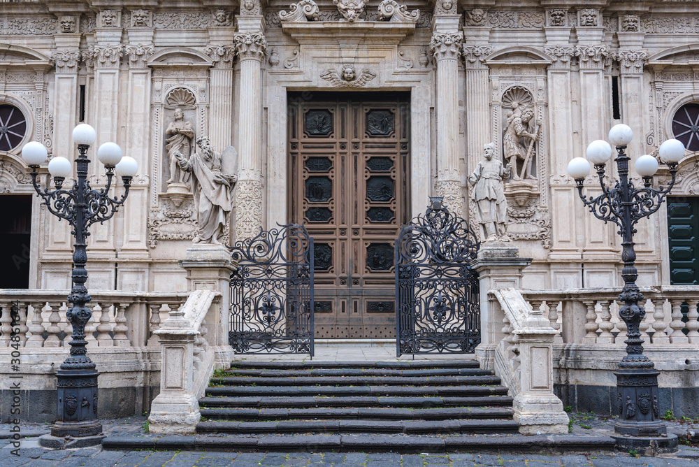 Front view of San Sebastiano basilica in Acireale city on Sicily Island, Italy