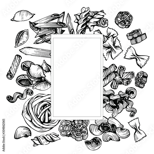 Italian Pasta vector sketch. Hand drawn frame illustration of macaroni. Sketch set of pasta.