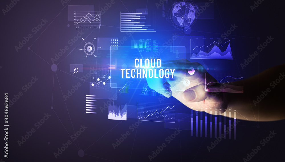 Hand touching CLOUD TECHNOLOGY inscription, new business technology concept