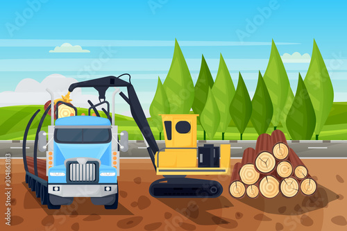 Forestry logging industry. Loading logs in truck, vector illustration. Industrial equipment for lumber trunks shipping