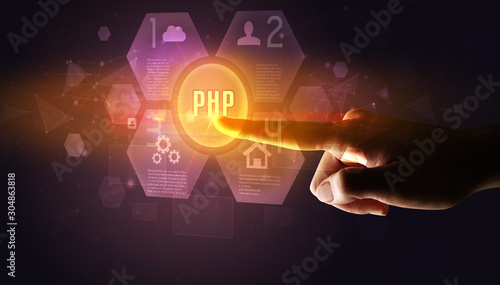 Hand touching PHP inscription, new technology concept