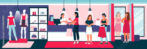 Women buy clothes, shoes in clothing boutique. Young girls pay at cash desk of mall. Vector flat cartoon illustration