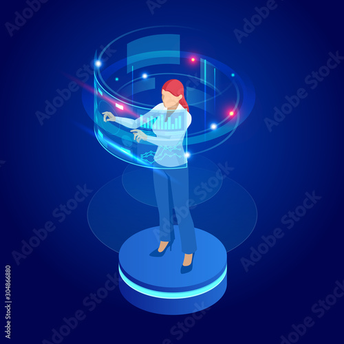 Isometric woman wearing goggle headset with touching vr interface. Into virtual reality world. Future technology