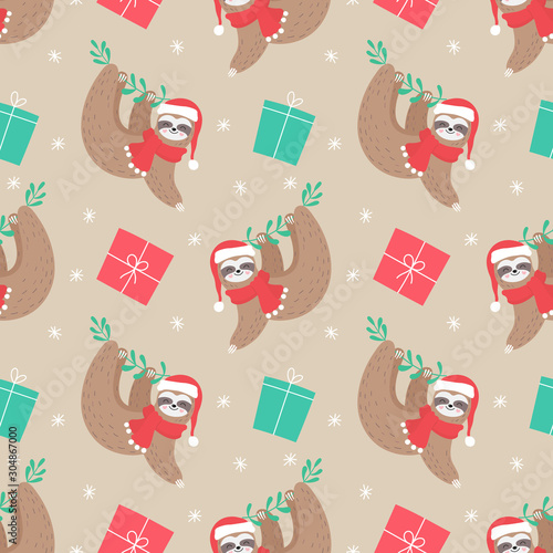 Christmas sloth with presents. Happy Holidays. Cartoon seamless pattern for wrapping, fabric, wallpaper.