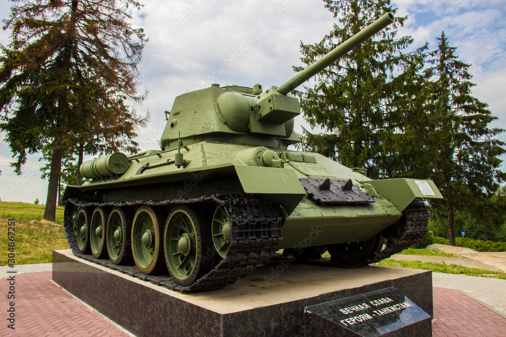 MINSK, BELARUS - JULY 2, 2016: Tank T-34 in an open area on the Stalin Line in Minsk, Belarus.
