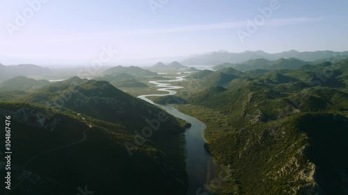 Famous river bend, River of Crnojević in Montenegro. Aerial, drone shot. photo