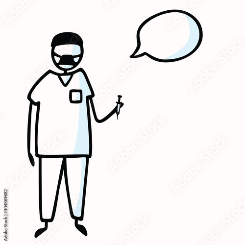 Hand Drawn Stick Figure Doctor or Surgeon & Speech Bubble, Stethoscope. Concept Health Care Medical Hospital. Cartoon Icon Motif for Surgery Treatment, Physician Clip art Illustration. Vector Eps 10