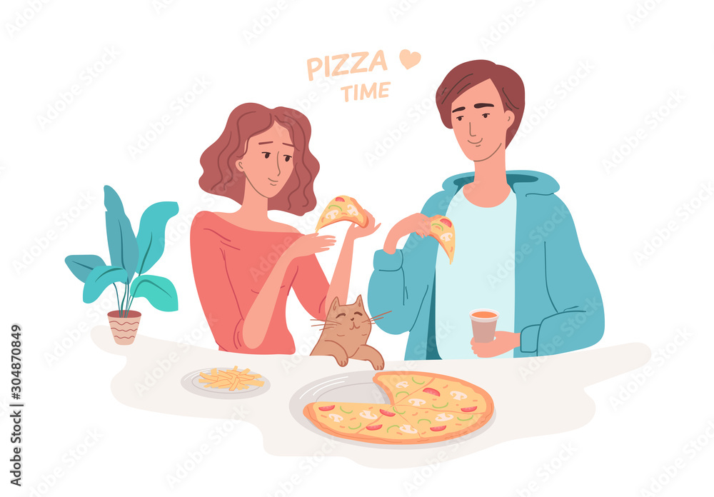 Cute couple eating pizza with their funny cat Cute couple eating pizza with their funny cat
