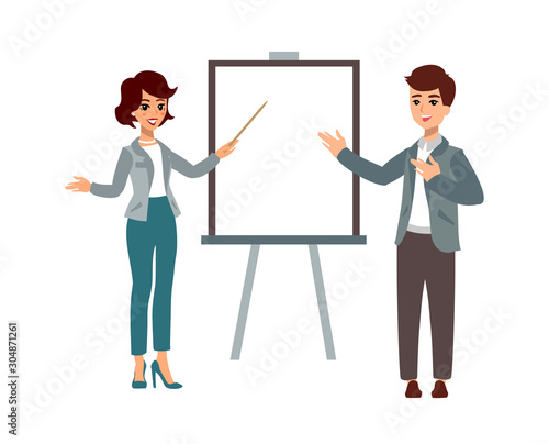 Businesswoman and businessman. Animate character. Female and male personage. Different woman and man postures. Vector personage.