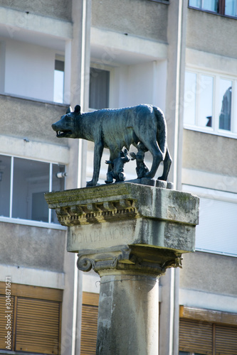 Victory Square with wolf Romulus and Remus statue built in 1926 in the largest city in western Romania