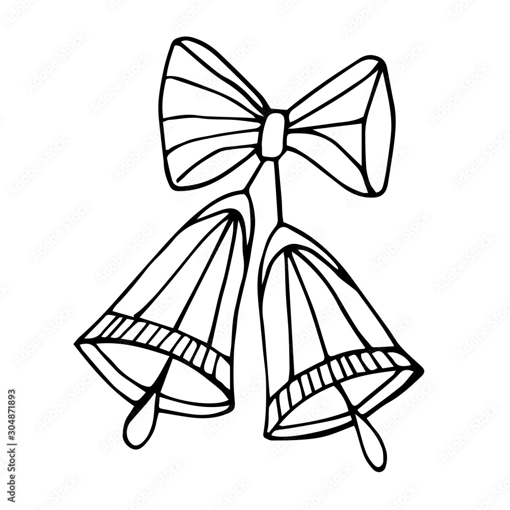 Freehand drawing ink holiday bells with bow for Christmas and New Year decoration. Cute outline of bell isolated on white. Freehand drawing ink holiday bells with bow for Christmas and New Year decoration. Cute outline of bell isolated on white.