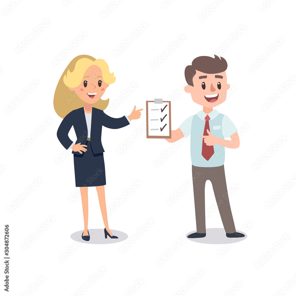 Man and woman present a project. Vector illustration with cartoon characters. Team building. Leadership. Management. Successful team. Man and woman present a project. Vector illustration with cartoon characters. Team building. Leadership. Management. Successful team.