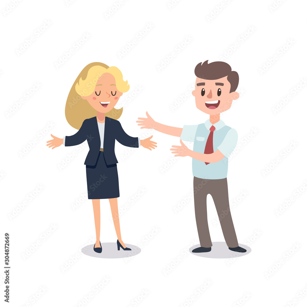 Man and woman present a project. Vector illustration with cartoon characters. Team building. Leadership. Management. Successful team. Man and woman present a project. Vector illustration with cartoon characters. Team building. Leadership. Management. Successful team.