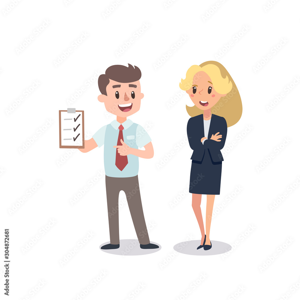 Man and woman present a project. Vector illustration with cartoon characters. Team building. Leadership. Management. Successful team. Man and woman present a project. Vector illustration with cartoon characters. Team building. Leadership. Management. Successful team.