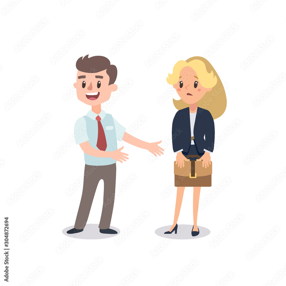 Man and woman present a project. Vector illustration with cartoon characters. Team building. Leadership. Management. Successful team. Man and woman present a project. Vector illustration with cartoon characters. Team building. Leadership. Management. Successful team.