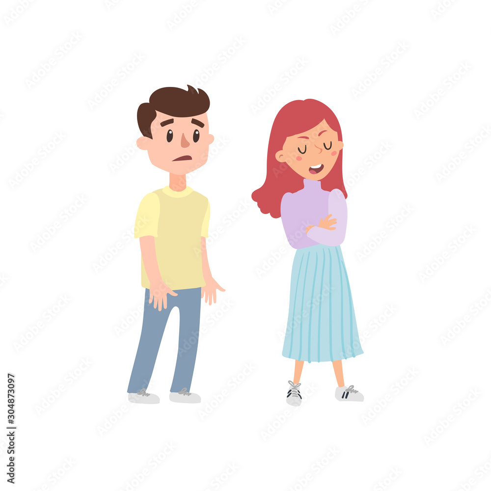 Couple of young people. Man and woman hold hands. Vector illustration in a flat style. Cartoon Man and woman quarreling. Angry couple quarrel flat illustration. - Vector