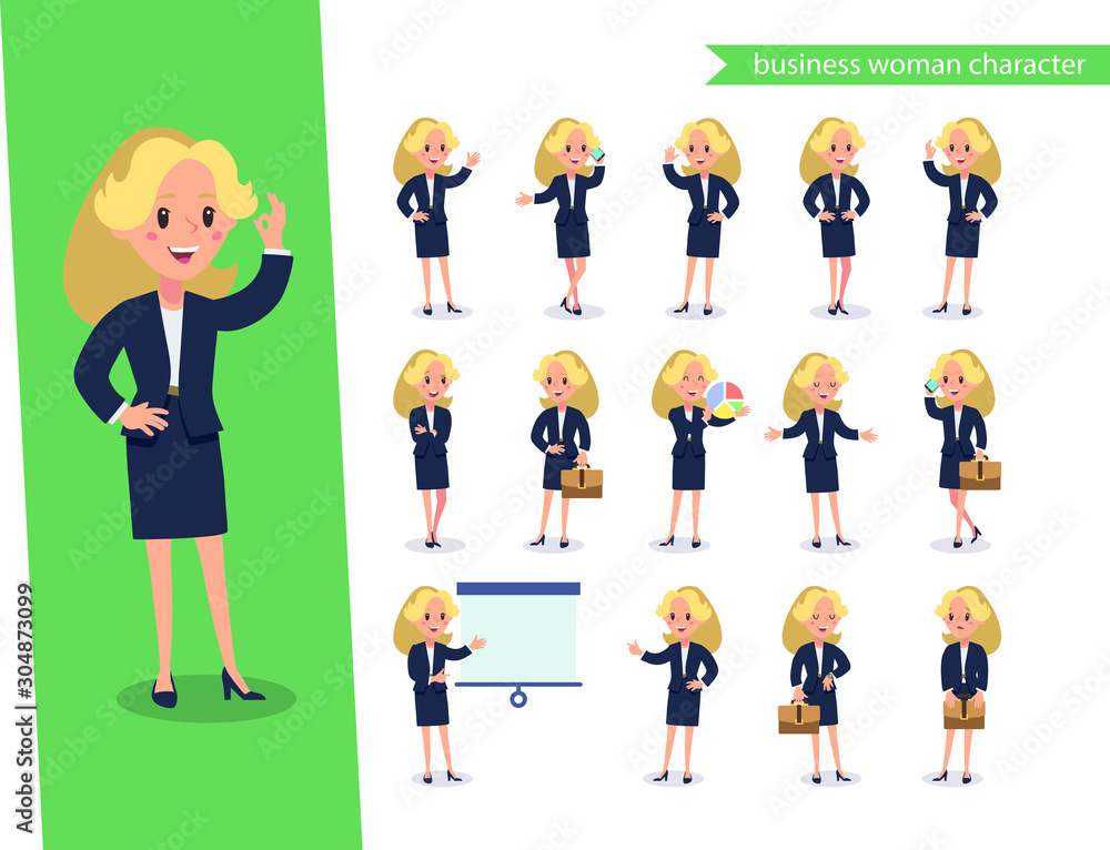 Businesswoman character set. Animate character. Young lady personage constructor. Different woman postures. Vector set personage.usinesswoman working character design set. Vector design.