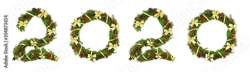 Christmas decoration with fir branches. New Year 2020 figures from a festive Christmas garland on a white background. Christmas concept, New year 2020.