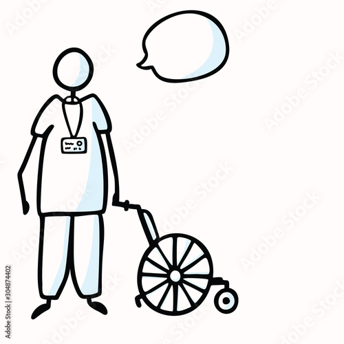 Hand Drawn Stick Figure Orderly or Nurse Speech Bubble & Wheel Chair. Concept Health Care Medical Hospital. Cartoon Icon for Physiotherapy, Disabled Patient Transport Illustration. Vector Eps 10
