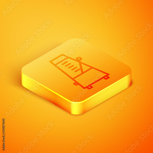 Isometric line Classic Metronome with pendulum in motion icon isolated on orange background. Equipment of music and beat mechanism. Orange square button. Vector Illustration