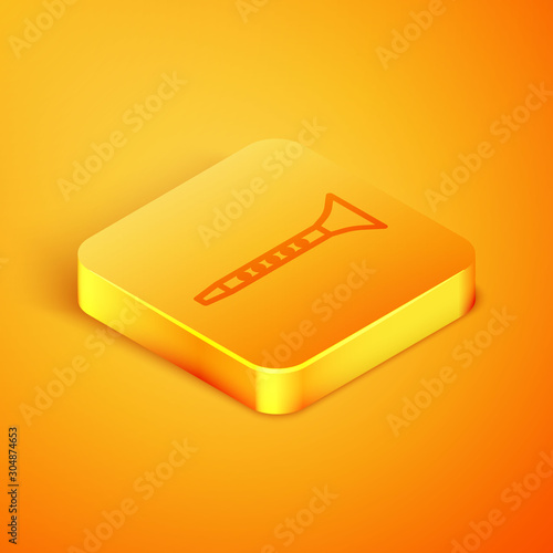 Isometric line Clarinet icon isolated on orange background. Musical instrument. Orange square button. Vector Illustration