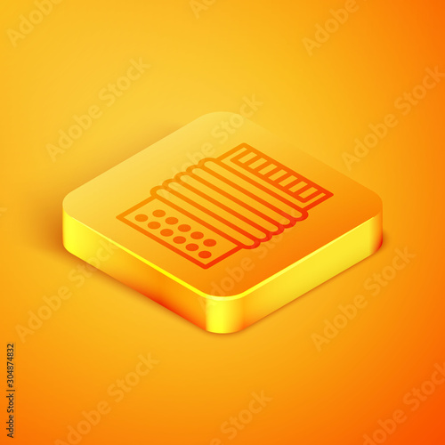 Isometric line Musical instrument accordion icon isolated on orange background. Classical bayan, harmonic. Orange square button. Vector Illustration