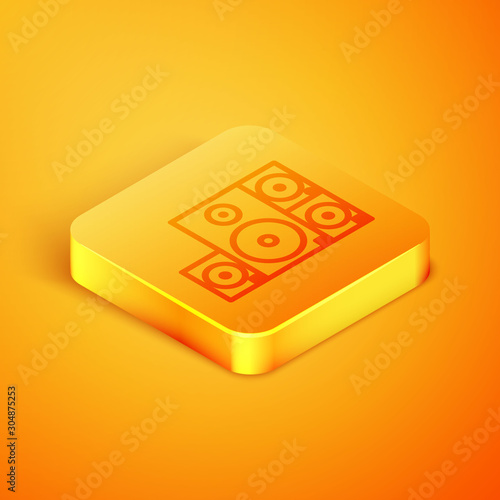 Isometric line Stereo speaker icon isolated on orange background. Sound system speakers. Music icon. Musical column speaker bass equipment. Orange square button. Vector Illustration