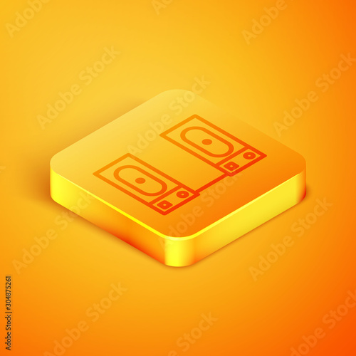 Isometric line Stereo speaker icon isolated on orange background. Sound system speakers. Music icon. Musical column speaker bass equipment. Orange square button. Vector Illustration