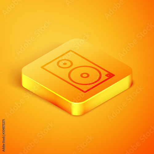 Isometric line Stereo speaker icon isolated on orange background. Sound system speakers. Music icon. Musical column speaker bass equipment. Orange square button. Vector Illustration