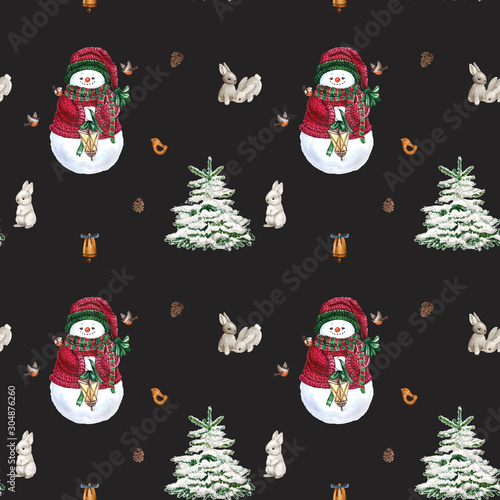 Christmas socks, gingerbread cookies, christmas tree branches,snowman, cinnamon, candy cane, lantern. Seamless pattern. Watercolor hand drawn background. photo