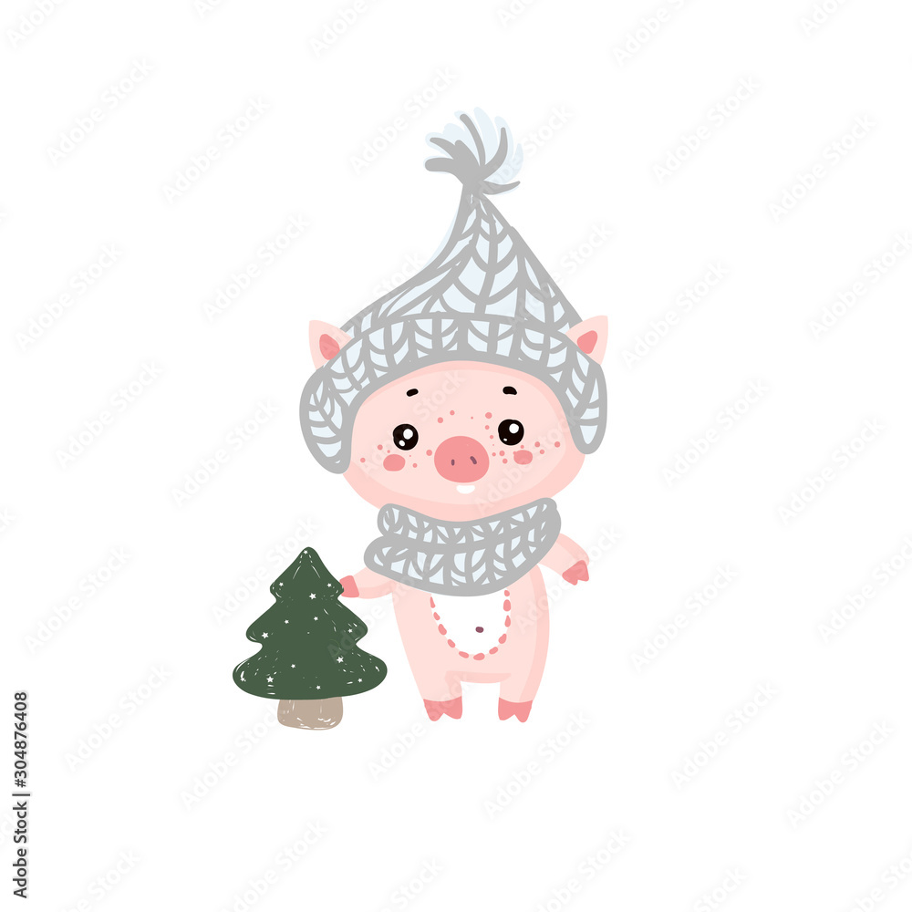 Naklejka premium Christmas pinky piggy with a hat. New Year, symbol of the year, 2019, postcard, invitation . Chinese New Year symbol