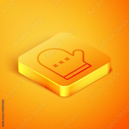 Isometric line Oven glove icon isolated on orange background. Kitchen potholder sign. Cooking glove. Orange square button. Vector Illustration