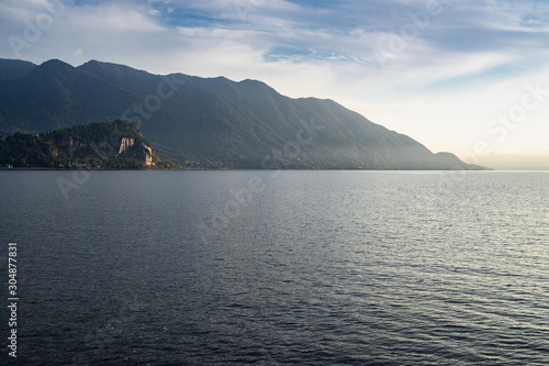 Scenic view of the Lake Maggiore at sunset on ferry boat cruising Luino to Stresa, Piedmont, Italy