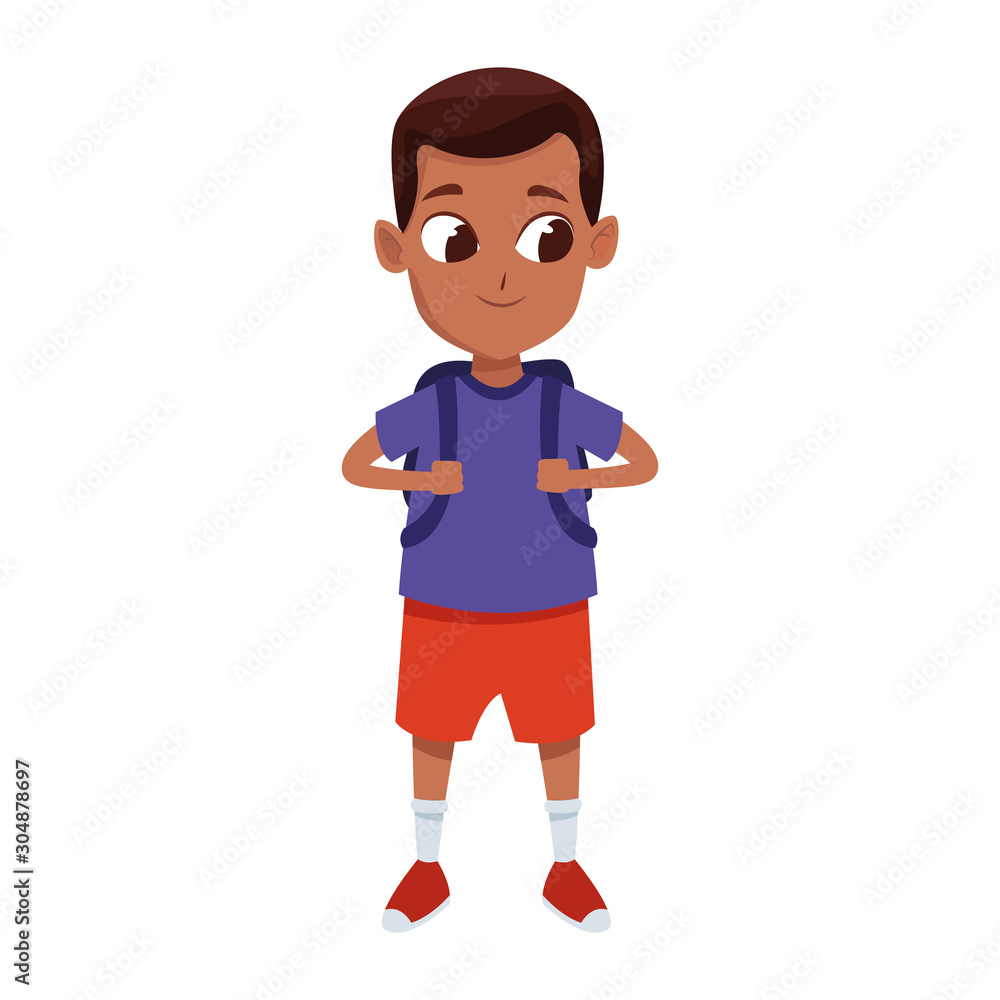 cute boy with school backpack icon, flat design