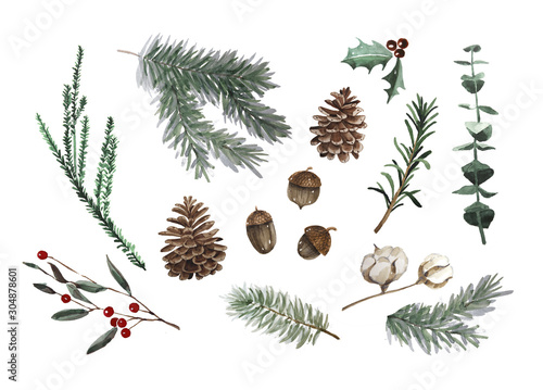 Bright watercolor Merry Christmas set of traditional decor and elements - plants.