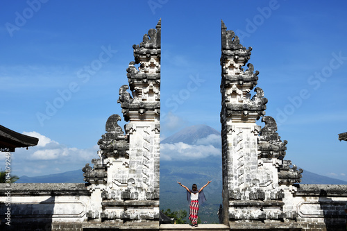 Temple in Bali, the most popular selfie spot, with Mount Agung view, Lempuyang Agung Temple.