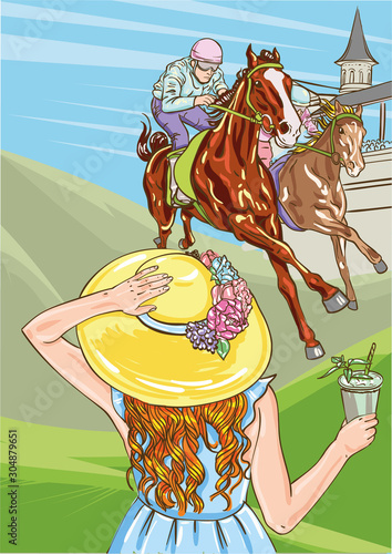 Horse racing competition. Vector illustration. Derby. Woman with cocktail in hat.