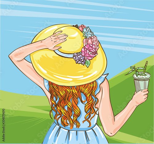 Horse racing competition. Vector illustration. Derby. Woman with cocktail in hat.