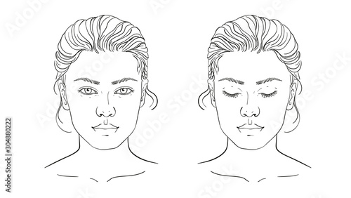 Face chart Makeup Artist Blank. Template. Vector illustration. illustration on a white background outline of the human female face for makeup.