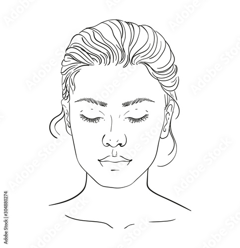 Face chart Makeup Artist Blank. Template. Vector illustration. illustration on a white background outline of the human female face for makeup. photo
