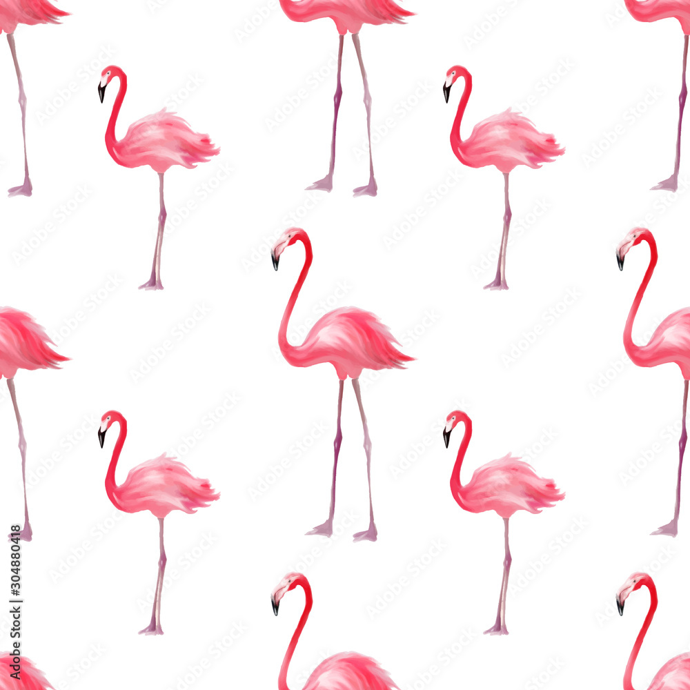Obraz premium Seamless pattern with pink flamingo. Purple bird background. Good for textile, greeting card, t-shirt print and other design.