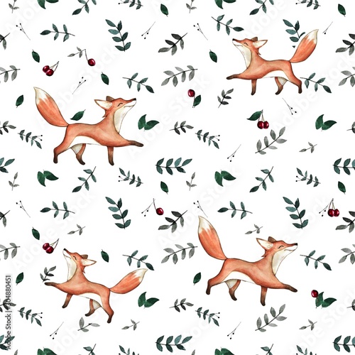 Watercolor cute hand drawn seamless pattern. Wild forest animals. Cheerful fox