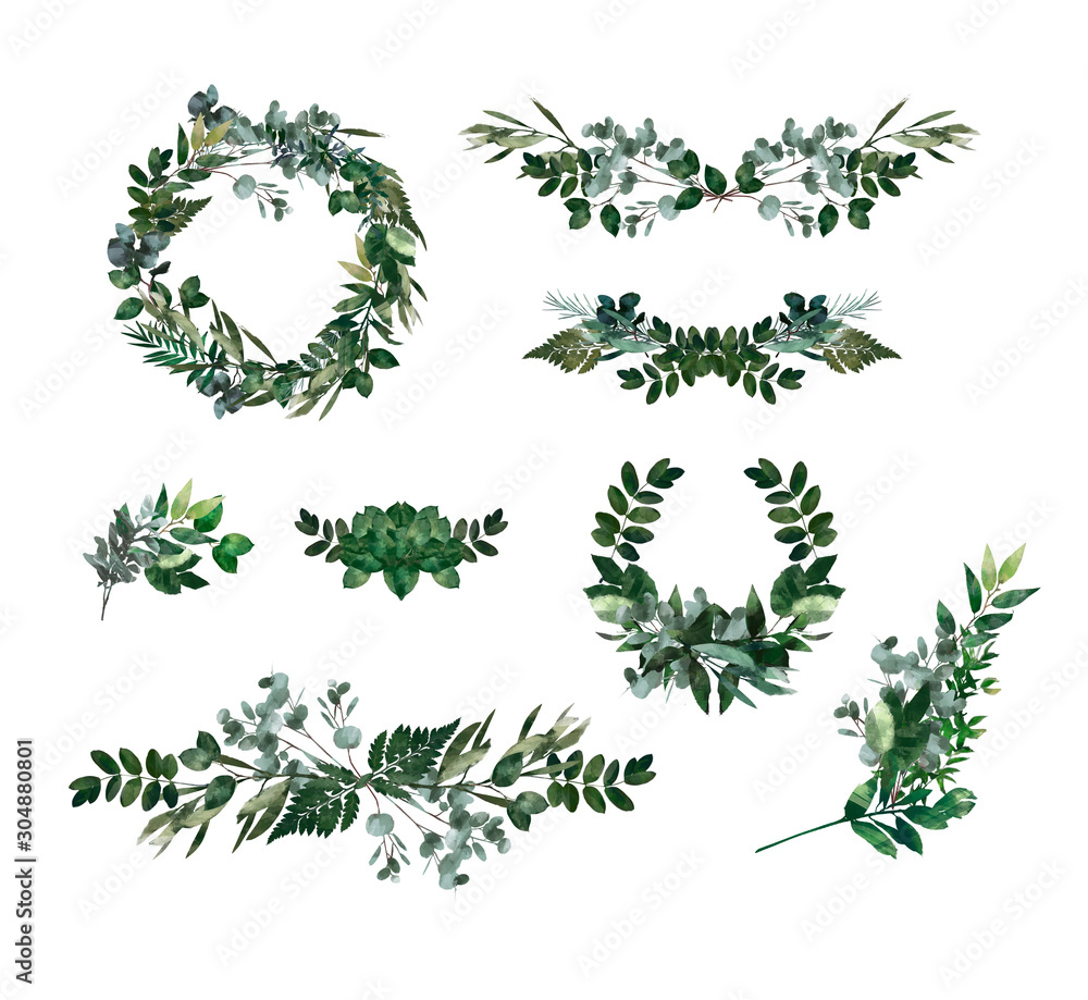 © Bonnie Cocos - Watercolor modern decorative element.  Eucalyptus round Green leaf Wreath, greenery branches, garland, border, frame, elegant watercolor isolated, good for wedding invitation, card or print
