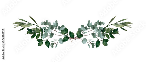 Watercolor modern decorative element.  Eucalyptus round Green leaf Wreath, greenery branches, garland, border, frame, elegant watercolor isolated, good for wedding invitation, card or print