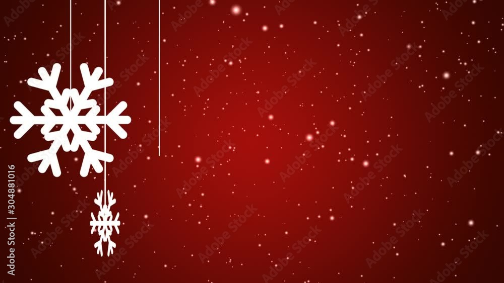 White abstract snowflakes slowly rotating on falling down snow background over red gradient - christmas, winter or new year template, loopable